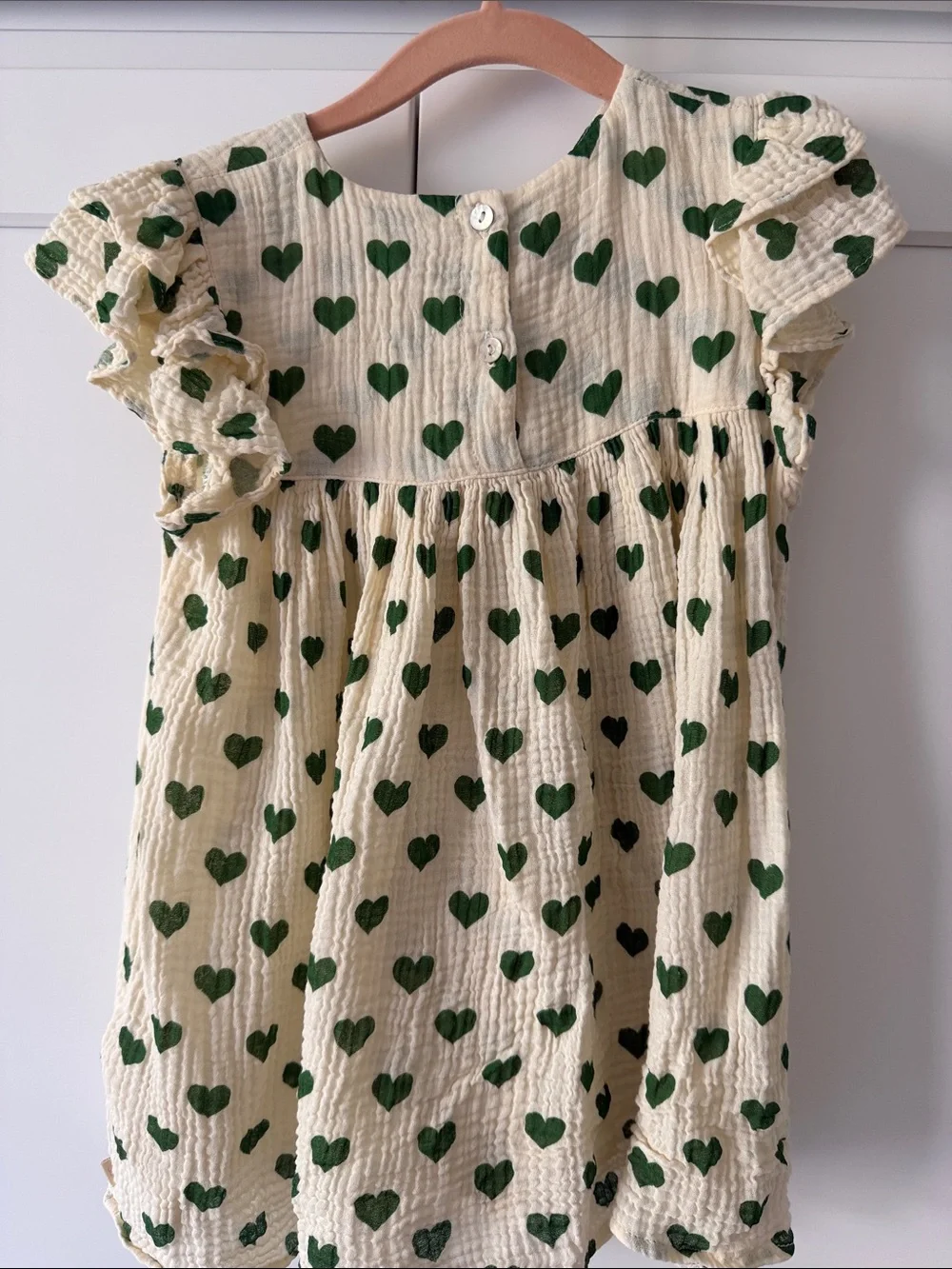 Konges Slojd Girls Cream Dress with Green Heart Print - Ruffled Sleeves Size 3Y